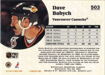 Vancouver Canucks Hockey Trading Card of Dave Babych in black helmet with logo