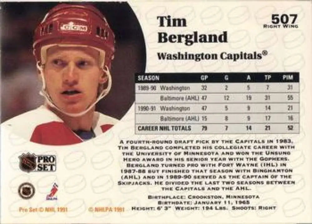 Tim Bergland in red helmet and white jersey on 1991-92 Pro Set Washington Capitals card