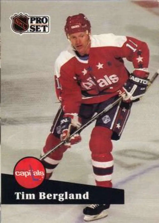 NHL Pro Set hockey card of Tim Bergland in Washington Capitals red jersey