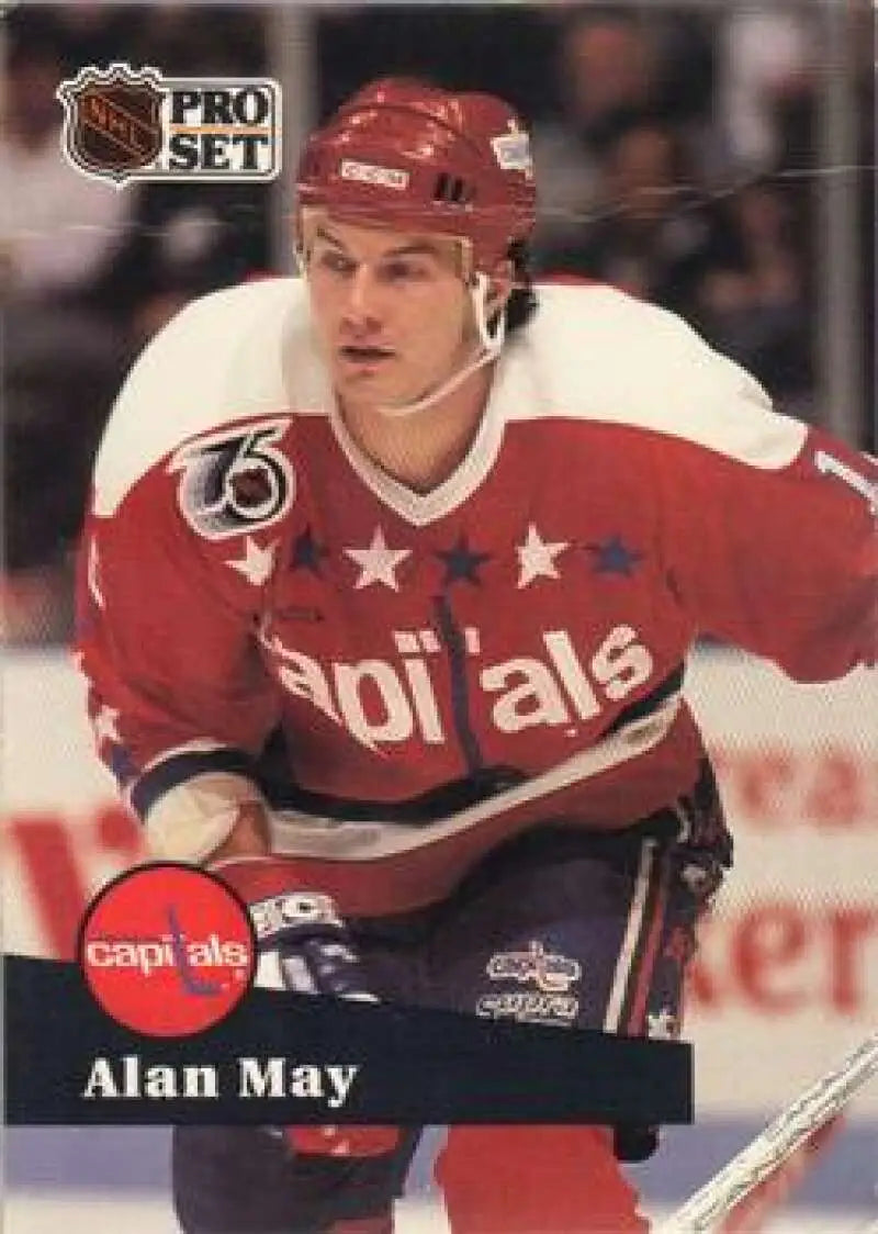 Pro Set hockey card of Washington Capitals player Alan May in red jersey
