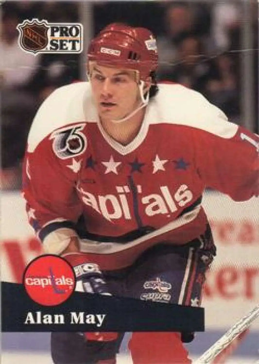 Pro Set hockey card of Washington Capitals player Alan May in red jersey