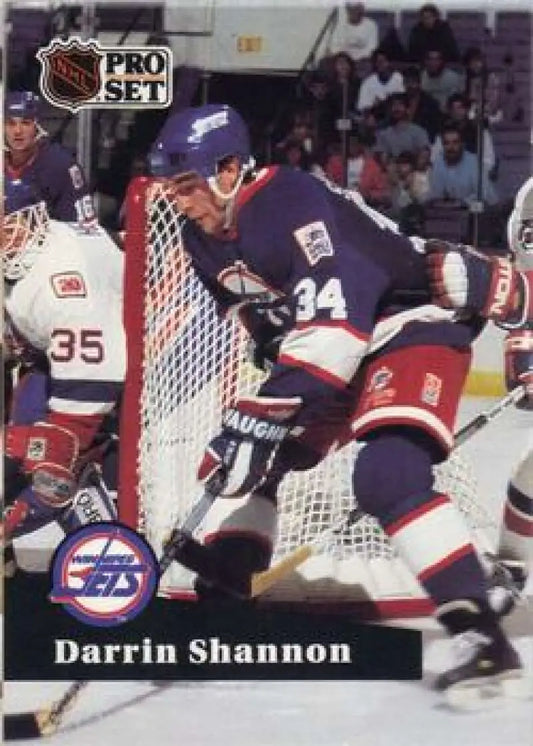 NHL Pro Set hockey card of Darrin Shannon in action with Winnipeg Jets around the net