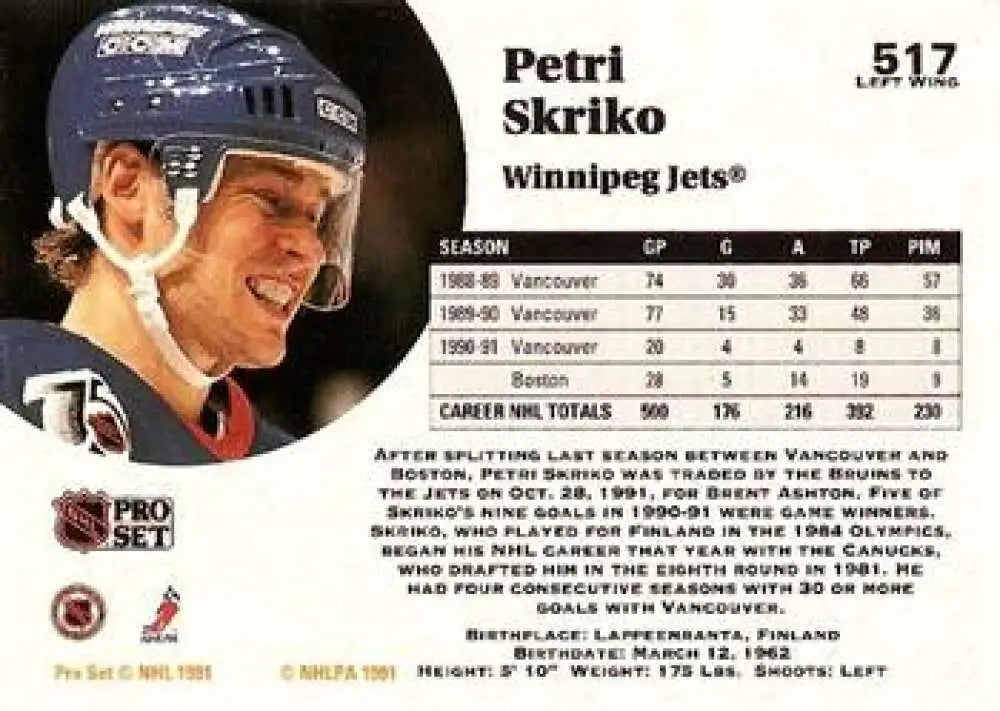 Hockey trading card of Petri Skriko from Winnipeg Jets Pro Set 1991-92 NM-MT condition