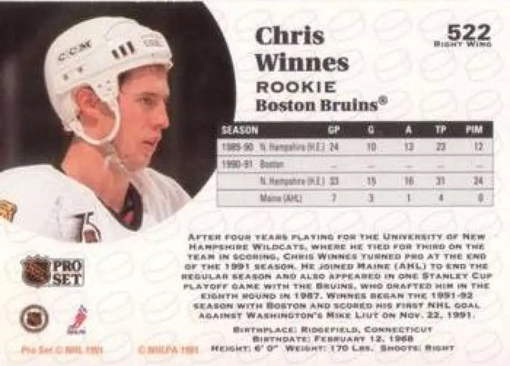 Hockey trading card of Chris Winnes in a white Bruins helmet from Pro Set
