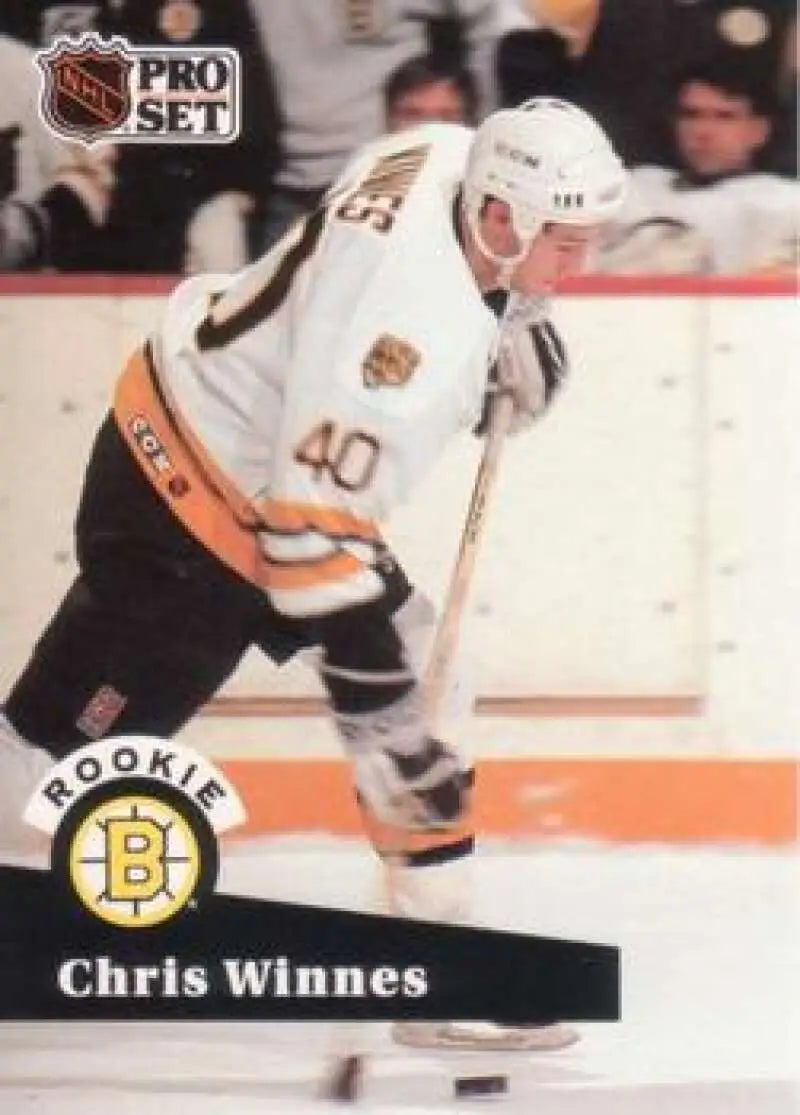 NHL Pro Set card of Chris Winnes, Boston Bruins player in white jersey number 40
