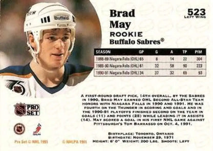 Buffalo Sabres hockey card featuring Brad May in a white helmet from Pro Set