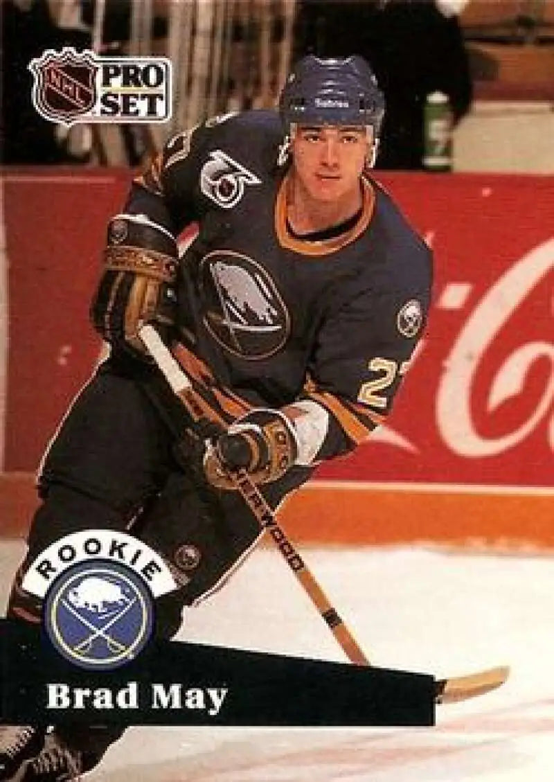 NHL Pro Set hockey card of Brad May in black uniform for Buffalo Sabres collectors