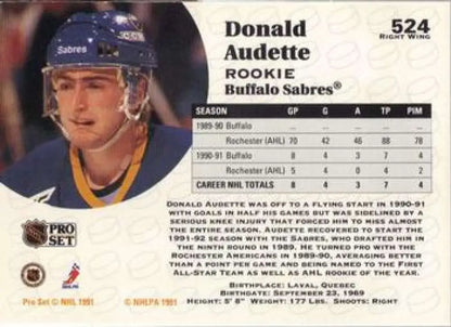 1991-92 Pro Set Donald Audette Hockey Card featuring Buffalo Sabres rookie player
