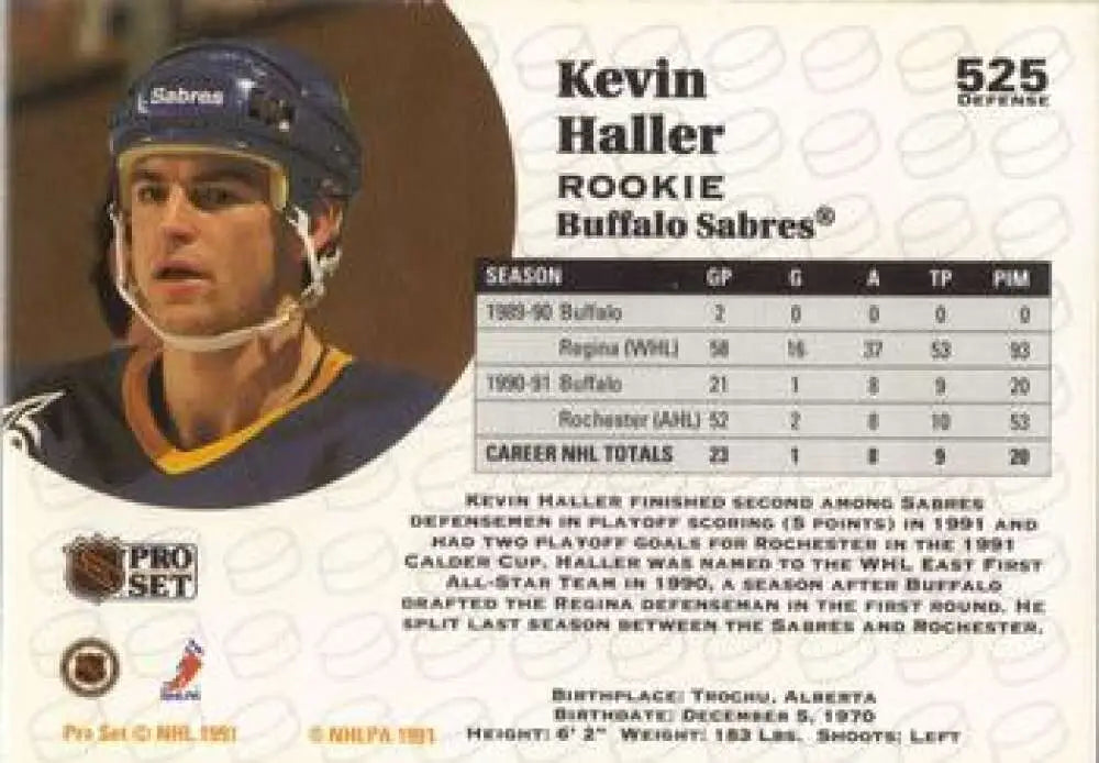 1991-92 Pro Set #525 Kevin Haller NM-MT RC Rookie Buffalo Sabres Hockey Card image