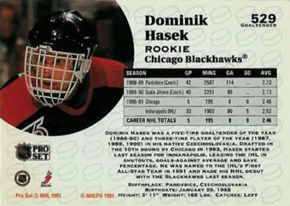 Hockey card of Dominik Hasek, Blackhawks goalie with black helmet and face mask