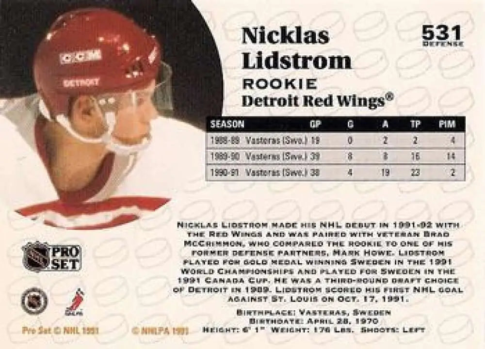 Hockey card of Nicklas Lidstrom wearing a red helmet for Detroit Red Wings