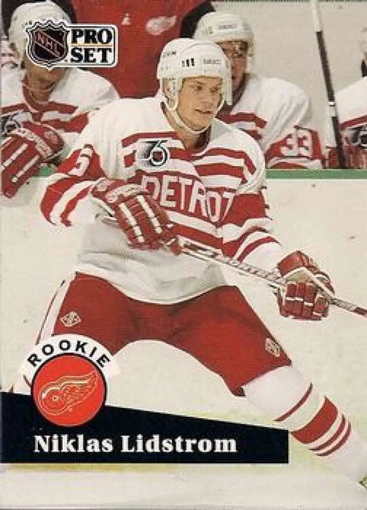 NHL Pro Set hockey card of Nicklas Lidstrom in Detroit Red Wings jersey