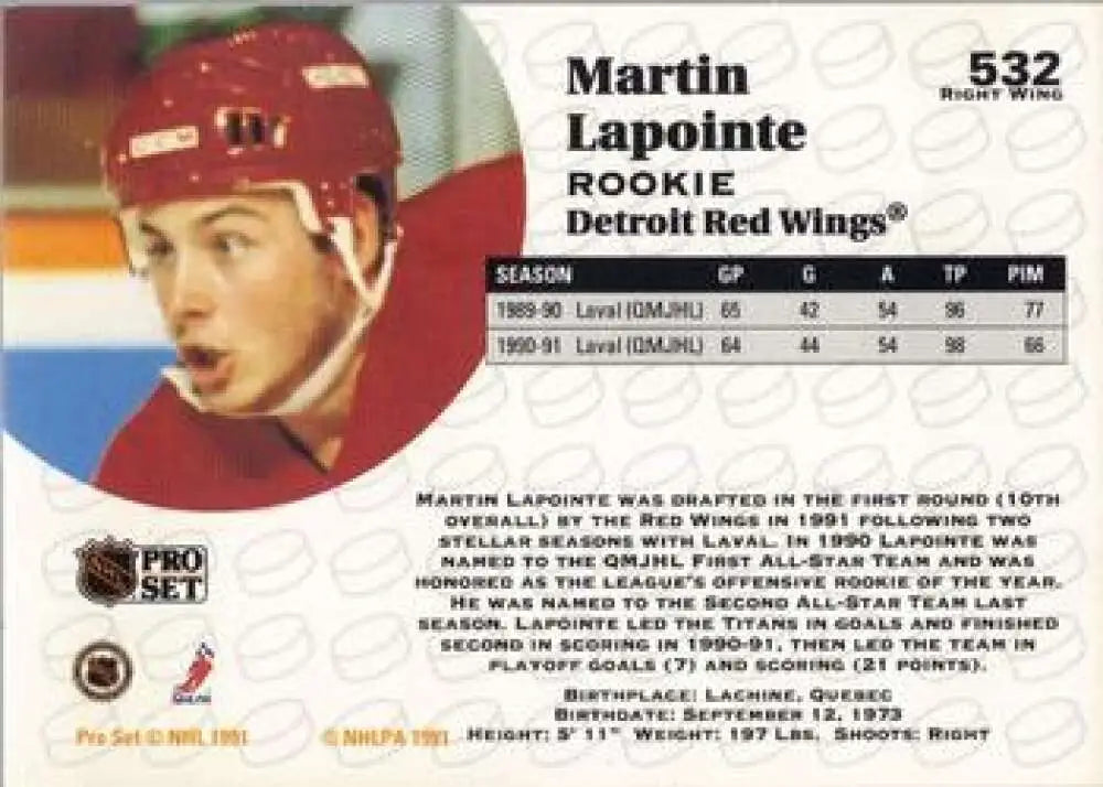 Detroit Red Wings Martin Lapointe trading card with red helmet from 1991-92 Pro Set