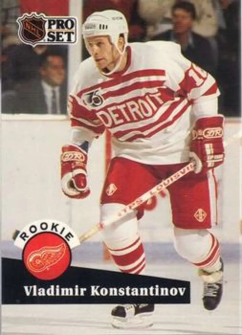 Vladimir Konstantinov in action wearing a Detroit Red Wings jersey on the ice