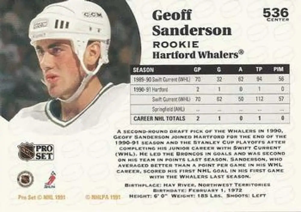 Geoff Sanderson 1991-92 Pro Set Hartford Whalers Hockey Trading Card NM-MT RC