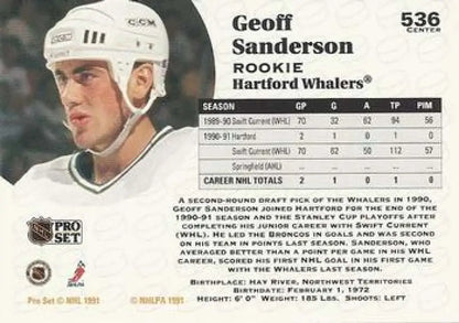 Geoff Sanderson 1991-92 Pro Set Hartford Whalers Hockey Trading Card NM-MT RC