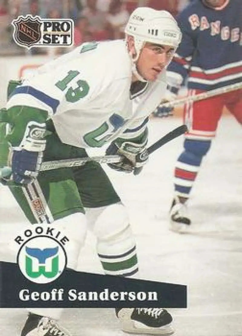 NHL Pro Set card of Geoff Sanderson in Hartford Whalers white and green uniform