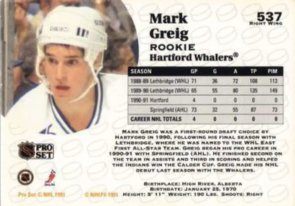 Hockey trading card of Mark Greig from the Hartford Whalers Pro Set 1991-92