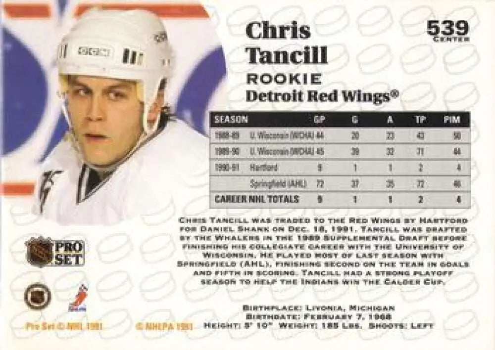 Hockey card of Chris Tancill, Detroit Red Wings rookie with white helmet, Hartford Whalers