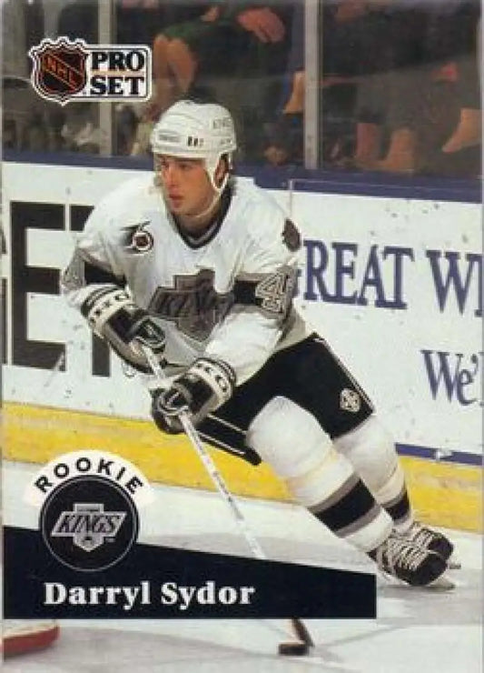 NHL Pro Set hockey card of Darryl Sydor in Los Angeles Kings white jersey during gameplay