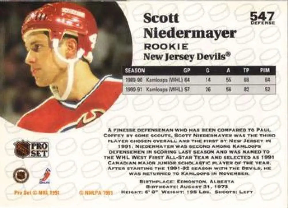 Scott Neidermayer New Jersey Devils Hockey Card from 1991-92 Pro Set in red jersey