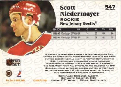 Scott Neidermayer New Jersey Devils Hockey Card from 1991-92 Pro Set in red jersey