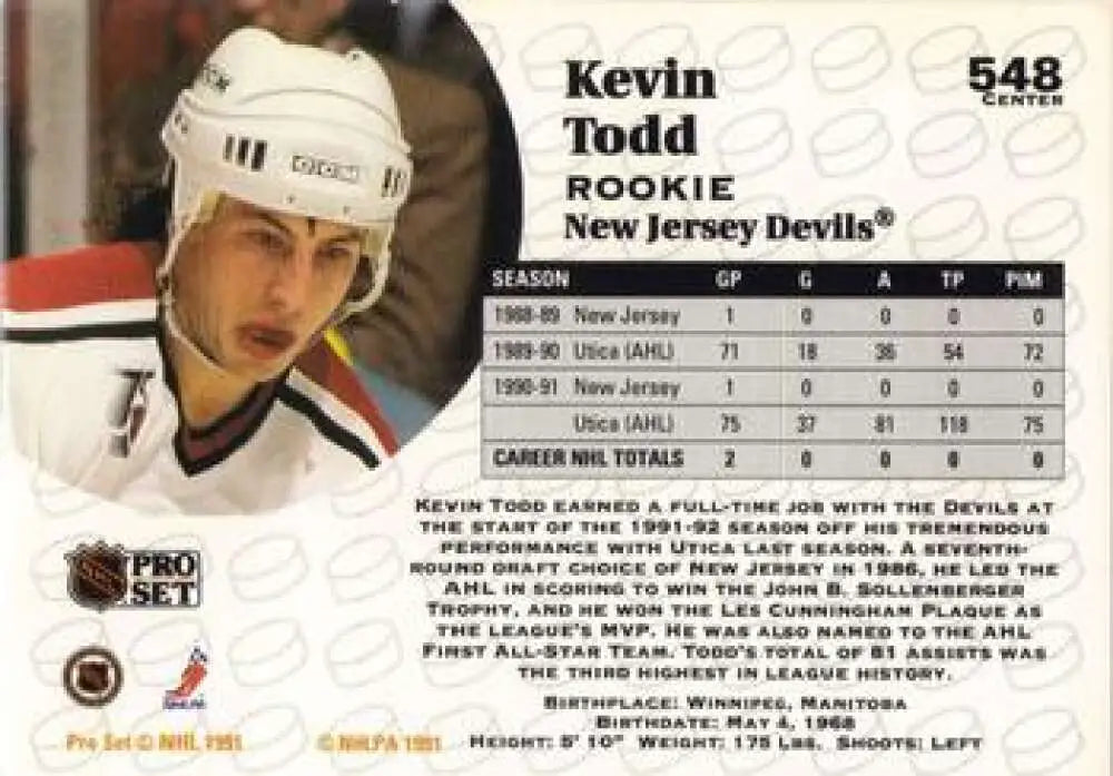 1991-92 Pro Set Kevin Todd Hockey Card featuring New Jersey Devils player with white helmet