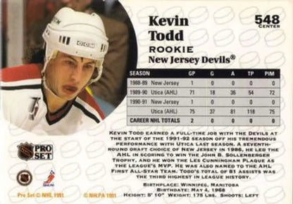 1991-92 Pro Set Kevin Todd Hockey Card featuring New Jersey Devils player with white helmet