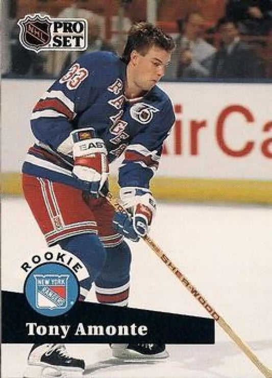 NHL Pro Set card of Tony Amonte in New York Rangers blue jersey, rookie card