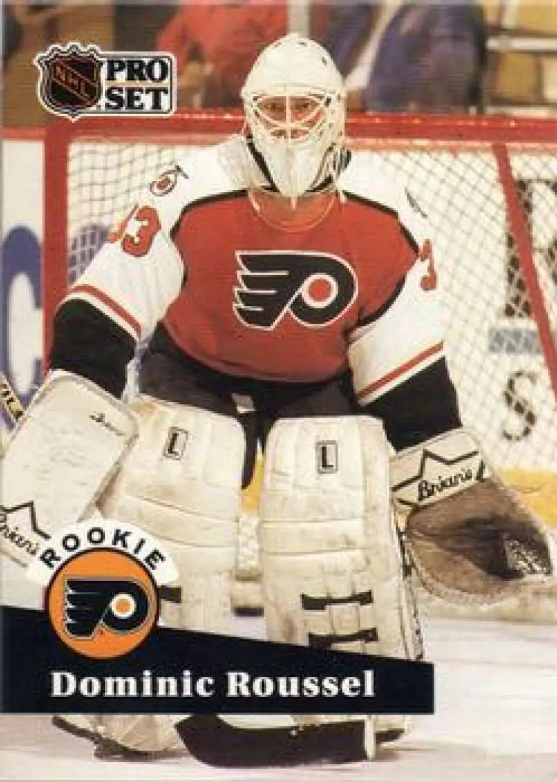 Hockey goalie Dominic Roussel in Philadelphia Flyers uniform on 1991-92 rookie card