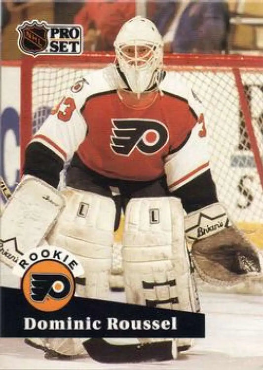 Hockey goalie Dominic Roussel in Philadelphia Flyers uniform on 1991-92 rookie card