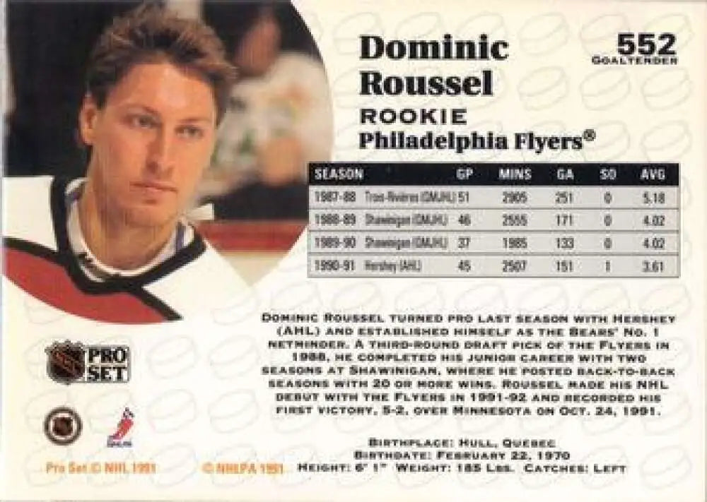 Philadelphia Flyers hockey card featuring Dominic Roussel in black and white jersey