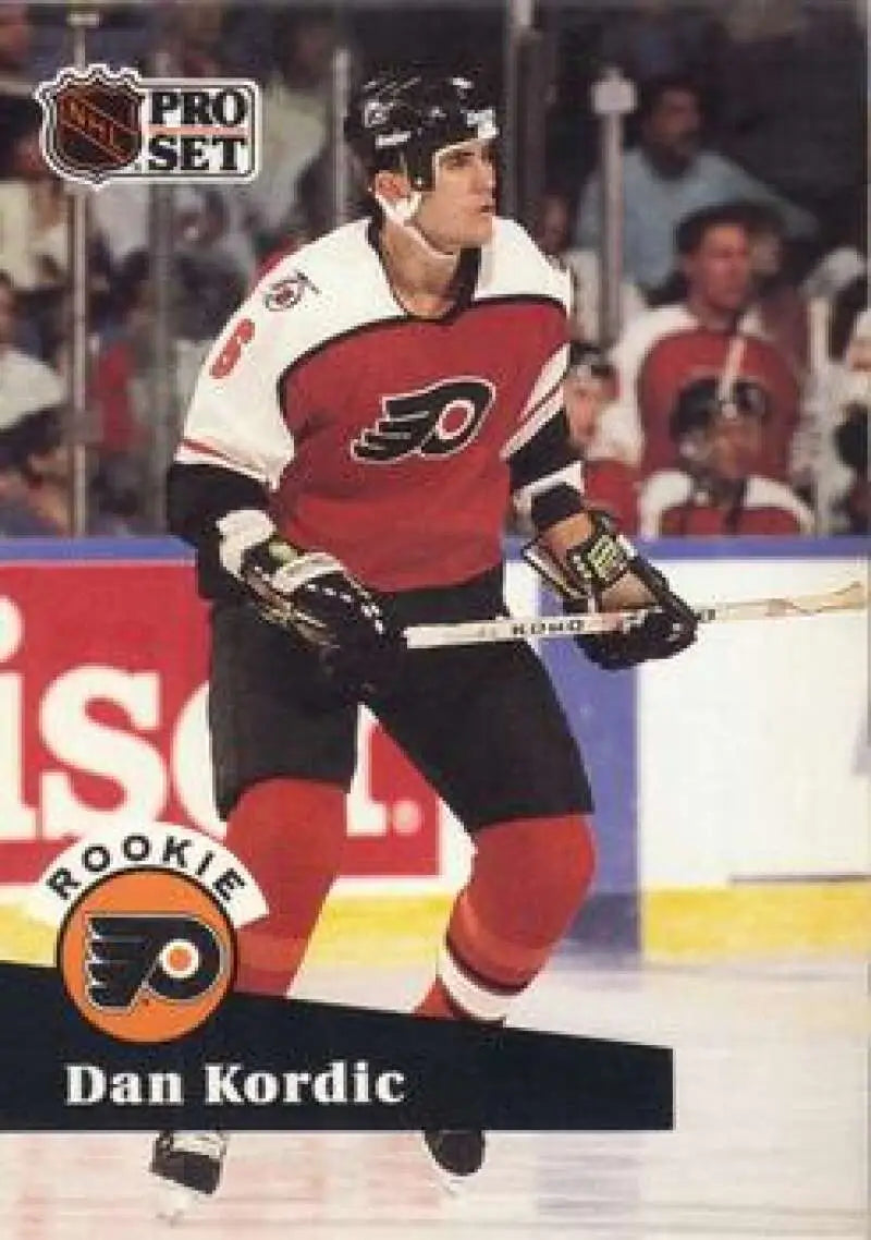 NHL Pro Set hockey card featuring Dan Kordic in Philadelphia Flyers uniform