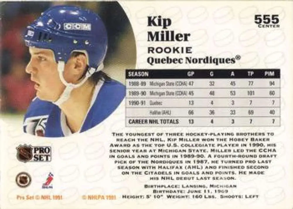 Hockey card of Kip Miller in blue helmet from Pro Set 1991-92 Quebec Nordiques