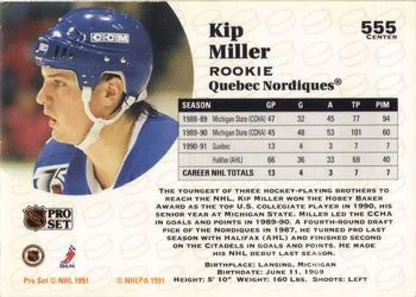 Hockey card of Kip Miller in blue helmet from Pro Set 1991-92 Quebec Nordiques