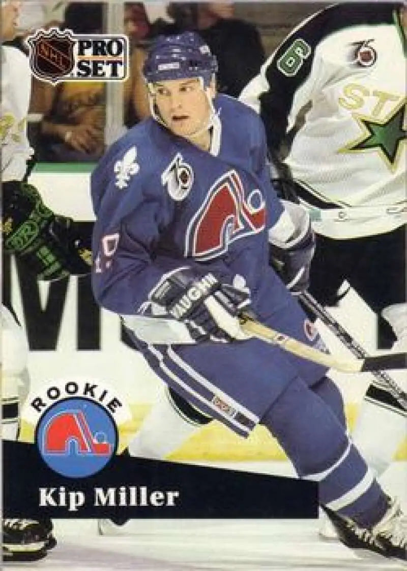 NHL Pro Set hockey card of Kip Miller in blue jersey for Quebec Nordiques