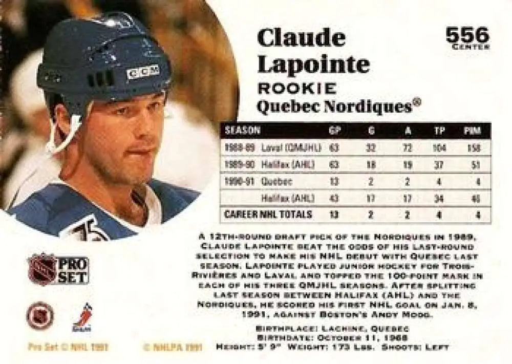Hockey card featuring Claude Lapointe in Quebec Nordiques uniform and helmet
