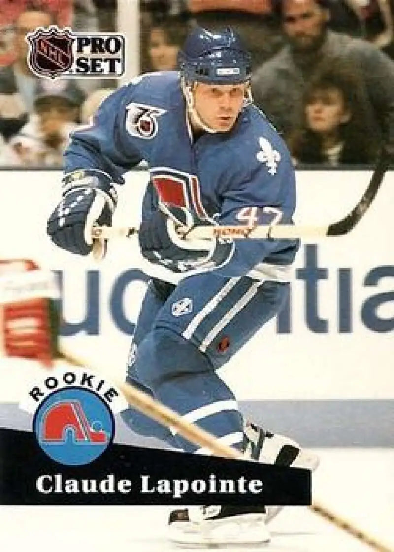 1991-92 Pro Set Claude Lapointe Rookie Hockey Card featuring Quebec Nordiques player in blue jersey