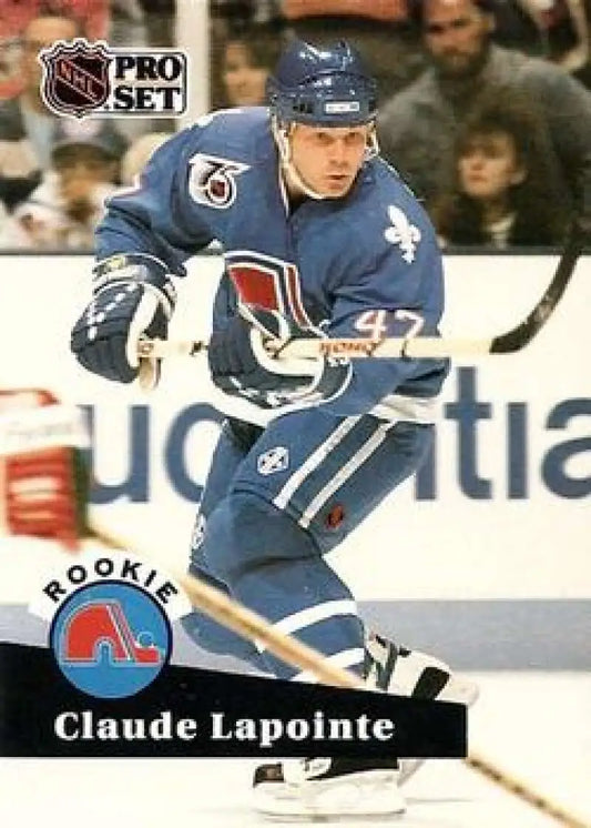 1991-92 Pro Set Claude Lapointe Rookie Hockey Card featuring Quebec Nordiques player in blue jersey