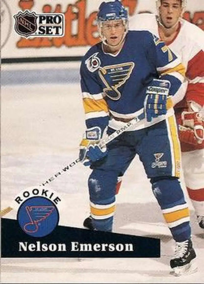 Hockey card featuring Nelson Emerson in St. Louis Blues blue and yellow uniform