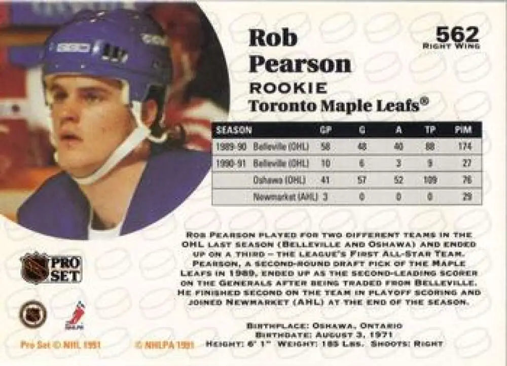 Hockey trading card of Rob Pearson, Toronto Maple Leafs player in blue helmet