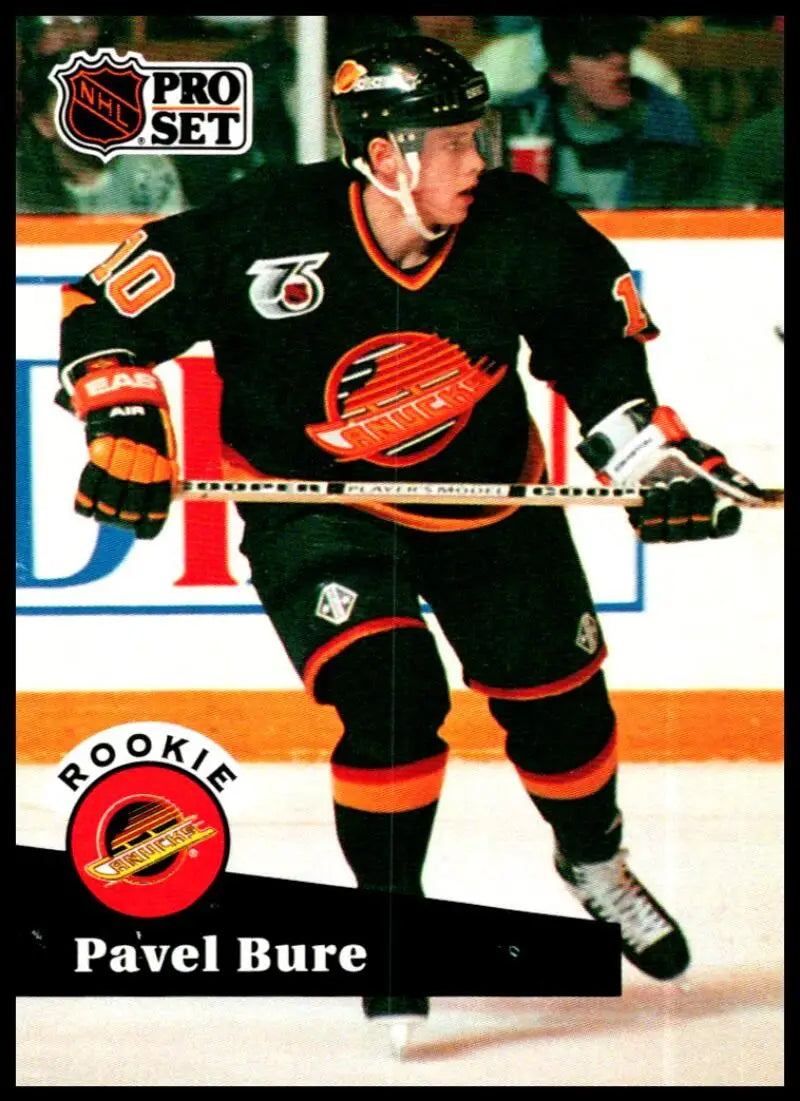 Hockey player in black Vancouver Canucks jersey skating, highlighting Pavel Bure’s legacy