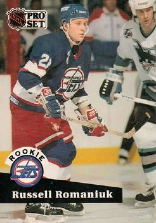 Russ Romaniuk hockey card showcasing Winnipeg Jets player in action on the ice