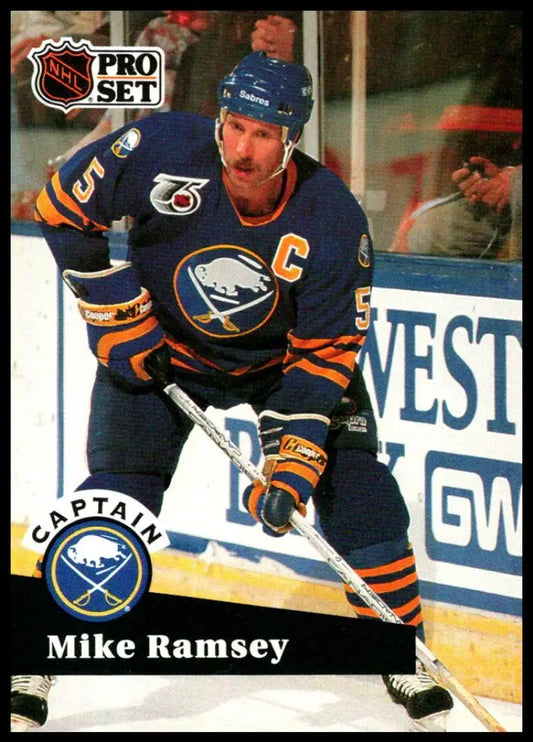 Hockey player in Buffalo Sabres uniform with captain’s C for Mike Ramsey card