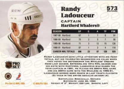 Hockey card of Randy Ladouceur in white helmet for Hartford Whalers, 1991-92 Pro Set