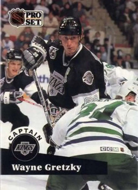NHL Pro Set hockey card of Wayne Gretzky with Los Angeles Kings vs Dallas Stars