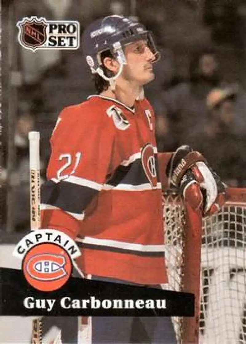 Montreal Canadiens Guy Carbonneau hockey card in red jersey number 21 from 1991-92 Pro Set