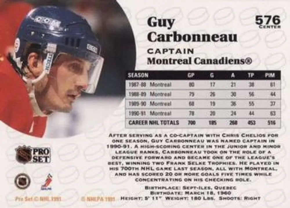 Hockey card of Guy Carbonneau, Montreal Canadiens player in dark helmet design