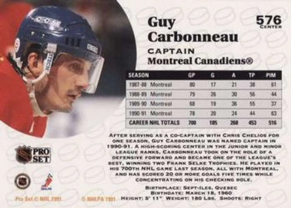 Hockey card of Guy Carbonneau, Montreal Canadiens player in dark helmet design