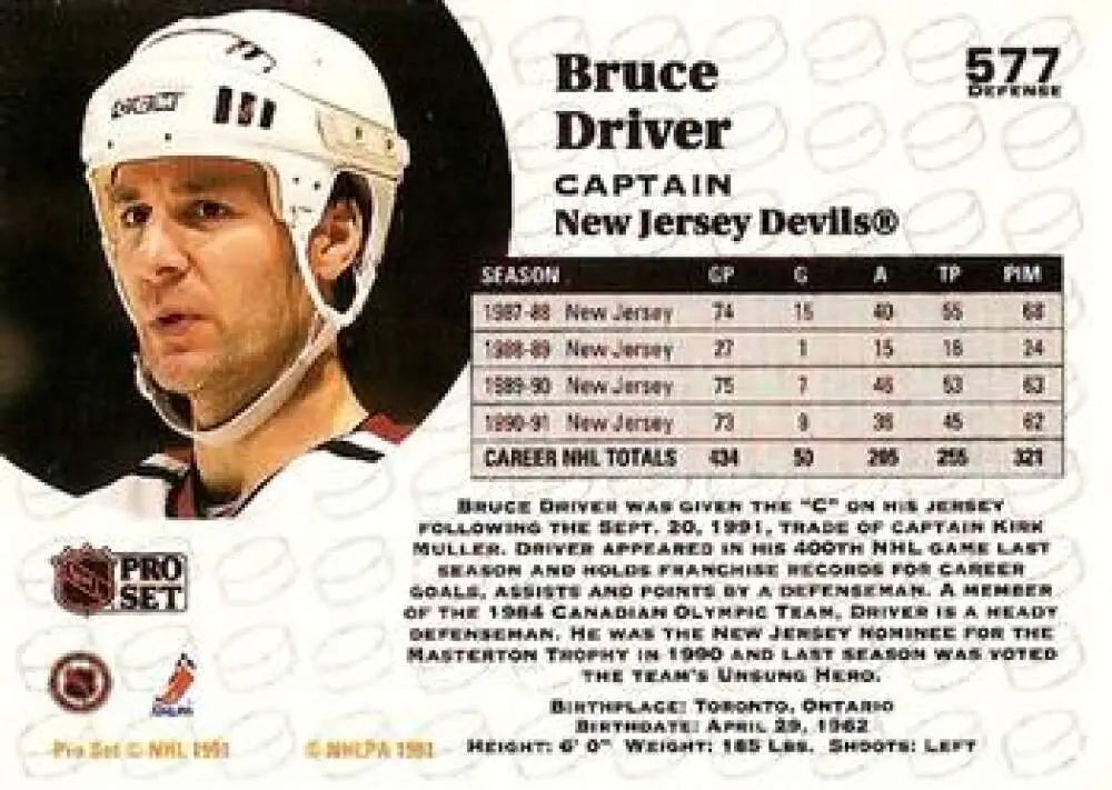 Hockey trading card featuring Bruce Driver in a New Jersey Devils helmet